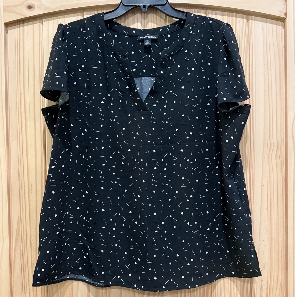 Hilary Radley Womens Black Heart Print Split V-Neck Blouse Top Large CO8725-132